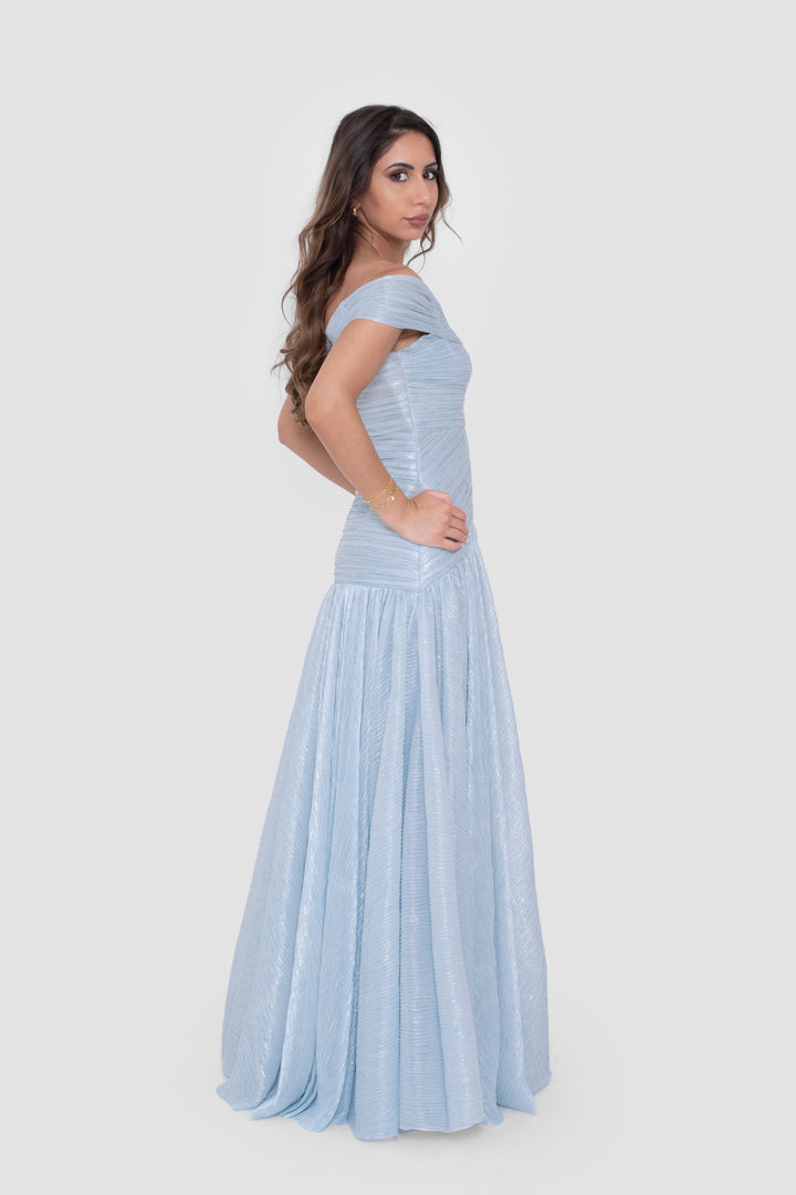 Noelia Powder Blue Metallic Off-Shoulder Gown With Asymmetrical Pleating