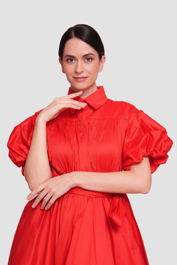 Anna                                                                                                                                                      Red Taffeta Pleated Button-down Front Maxi Dress With Puff Short Sleeves