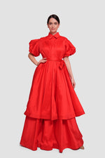 Load image into Gallery viewer, Anna                                                                                                                                                      Red Taffeta Pleated Button-down Front Maxi Dress With Puff Short Sleeves