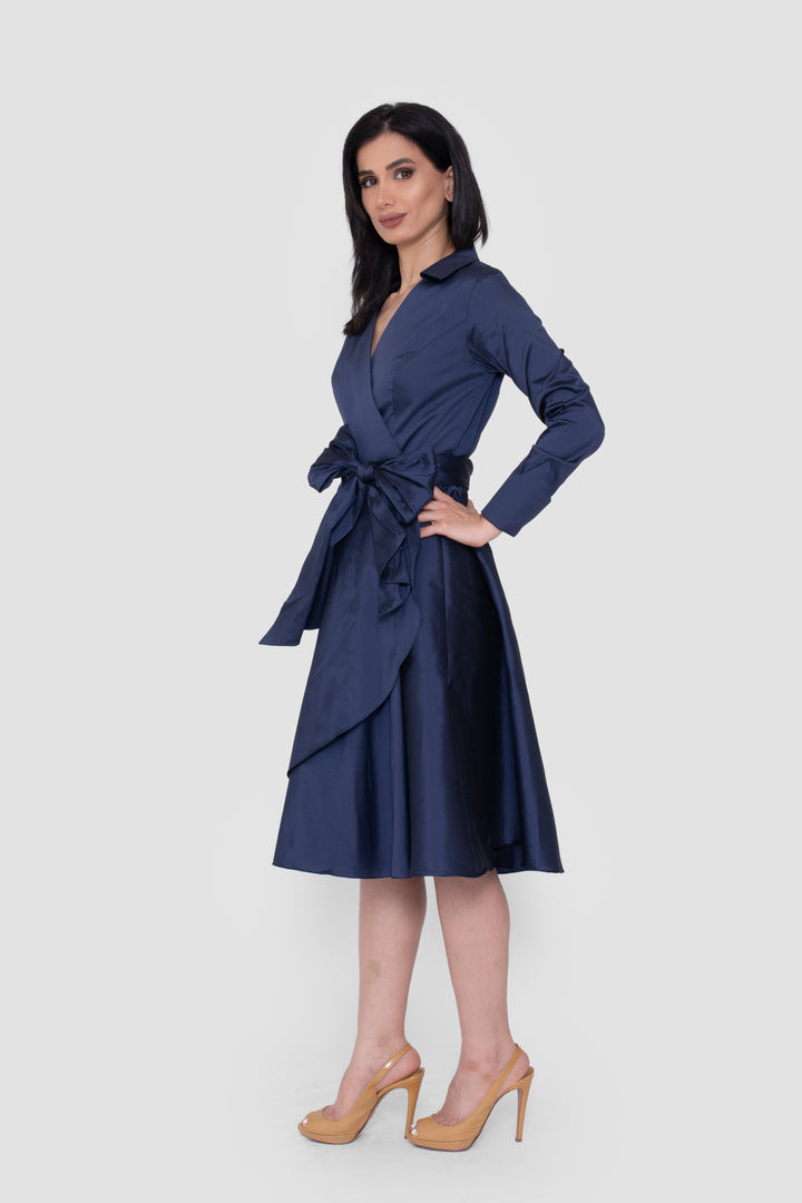 Avaleen Deep Navy Taffeta Wrap-Style Midi Dress With Collar
