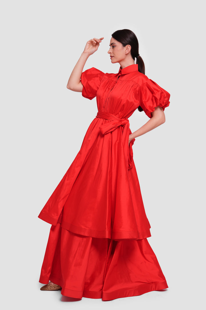 Anna                                                                                                                                                      Red Taffeta Pleated Button-down Front Maxi Dress With Puff Short Sleeves
