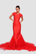 Load image into Gallery viewer, Jennifer Red Satin And Tulle Bustier Mermaid Gown