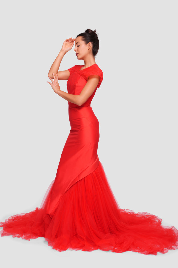 Jennifer Red Satin And Tulle Bustier Mermaid Gown