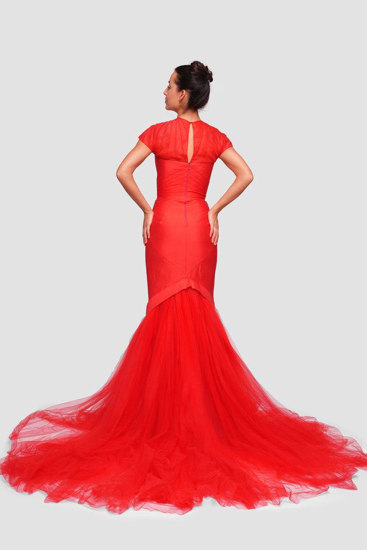 Jennifer Red Satin And Tulle Bustier Mermaid Gown