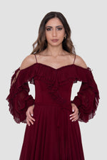 Load image into Gallery viewer, Eesha Wine Georgette Maxi Dress With Ruffle Detailing