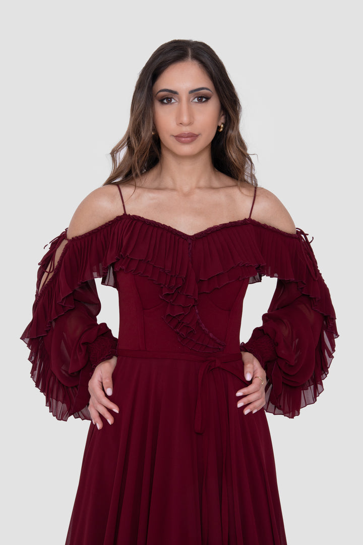Eesha Wine Georgette Maxi Dress With Ruffle Detailing