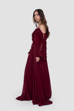 Load image into Gallery viewer, Eesha Wine Georgette Maxi Dress With Ruffle Detailing
