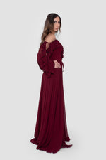 Load image into Gallery viewer, Eesha Wine Georgette Maxi Dress With Ruffle Detailing