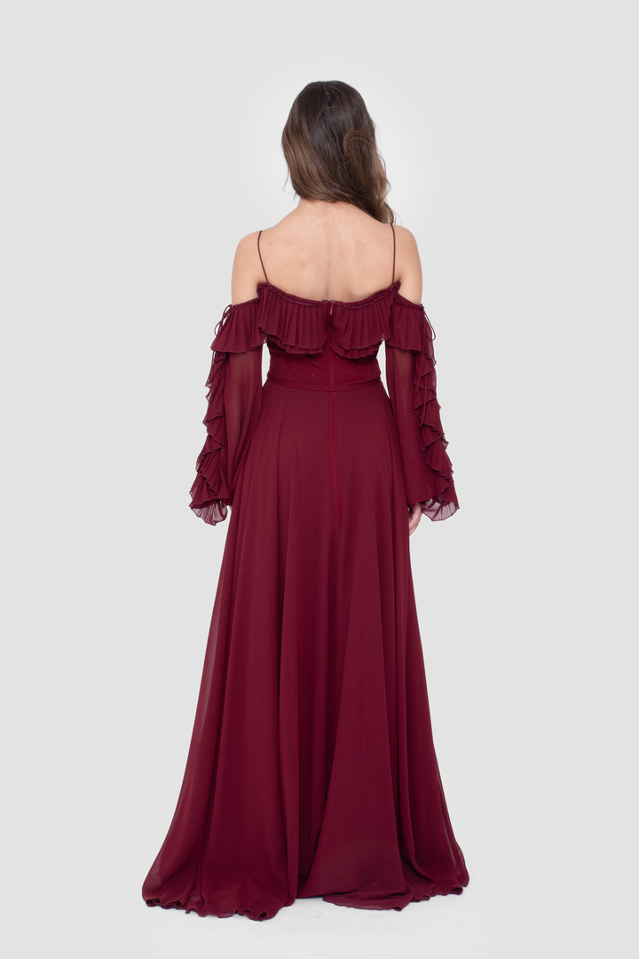 Eesha Wine Georgette Maxi Dress With Ruffle Detailing