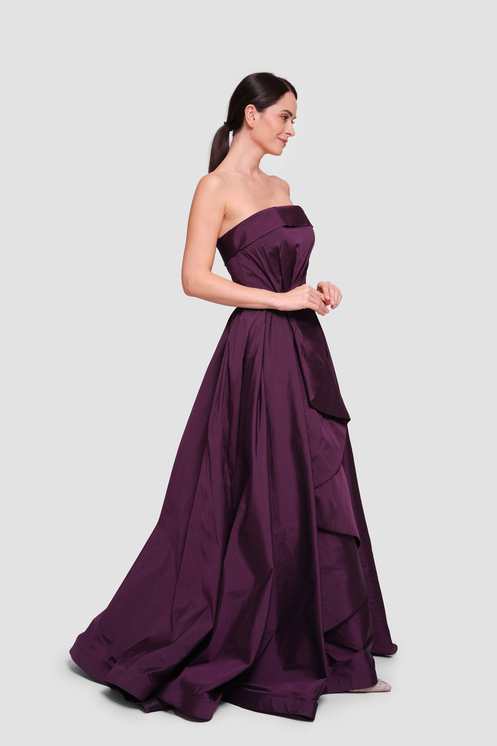 Audrey Aubergine Taffeta Corset Pleated Gown