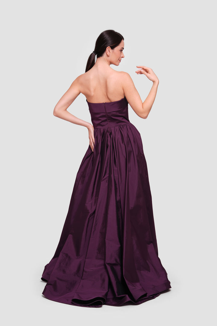 Audrey Aubergine Taffeta Corset Pleated Gown