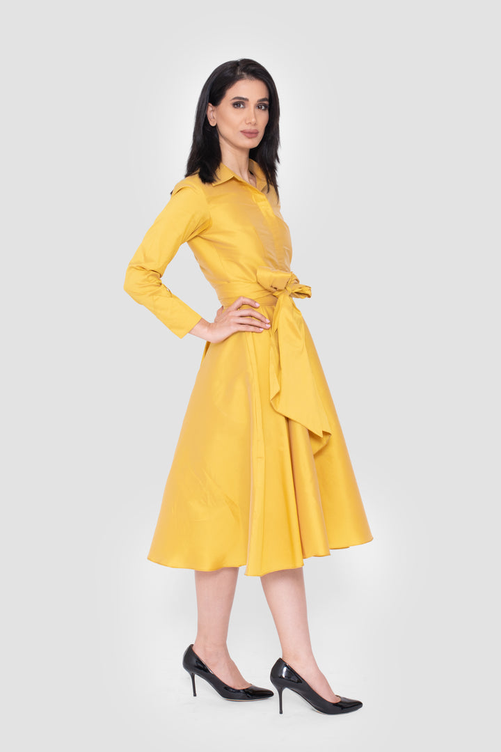 Aleya Taffeta Mustard Yellow Midi Dress