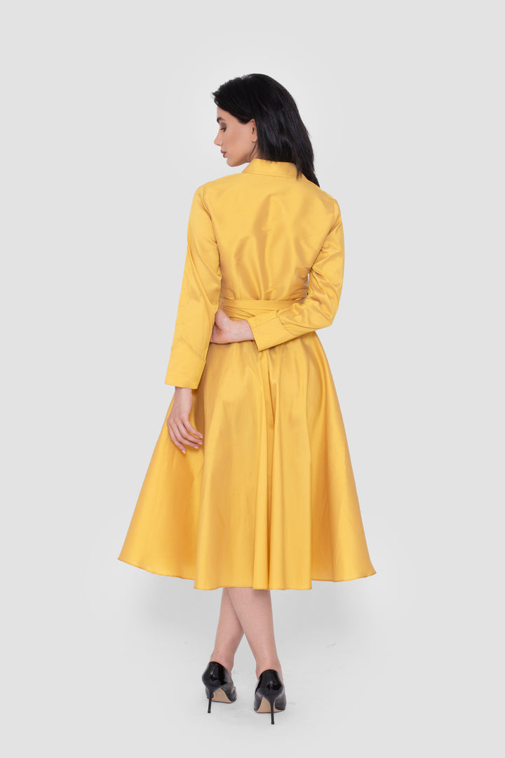 Aleya Taffeta Mustard Yellow Midi Dress