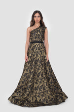 Load image into Gallery viewer, Liora Black Metallic Jacquard One-Shoulder Gown