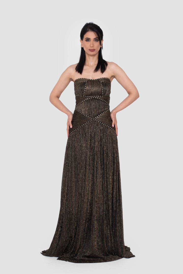 Athena Metallic Bronze And Black Strapless Gown