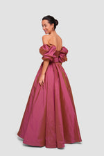 Load image into Gallery viewer, Polina Burgundy Taffeta Strapless Corset Maxi Dress With Puff Sleeves
