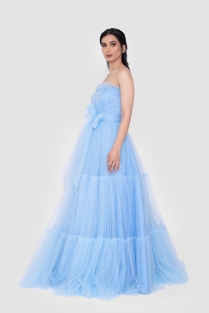 ILLYRA Powder Blue Tulle Strapless Corset Tiered Gown