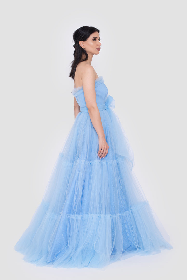 ILLYRA Powder Blue Tulle Strapless Corset Tiered Gown