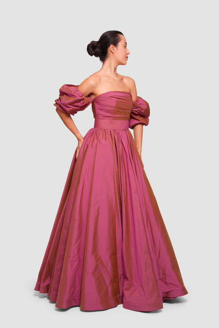 Polina Burgundy Taffeta Strapless Corset Maxi Dress With Puff Sleeves