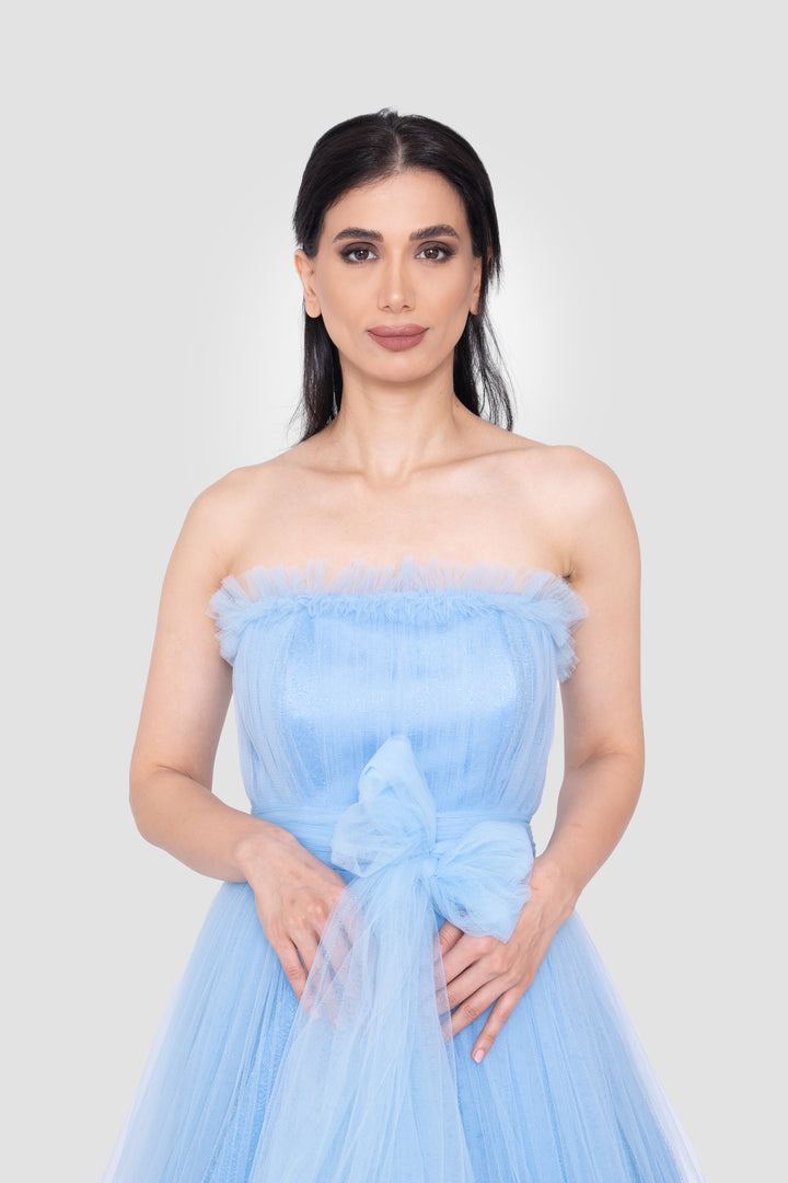 ILLYRA Powder Blue Tulle Strapless Corset Tiered Gown
