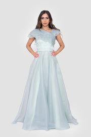 Hulia Soft Mint Organza Ruffled Asymmetric Ruffled Neckline Gown
