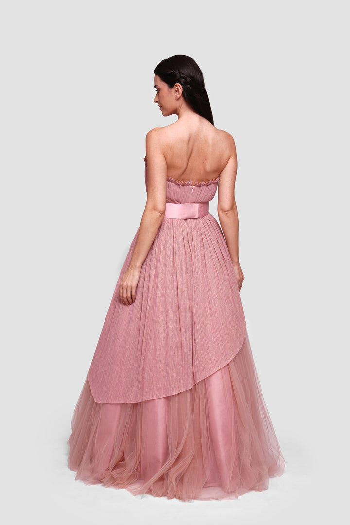 Lola Blush Pink Metallic Fabric And Tulle Corset Maxi Dress