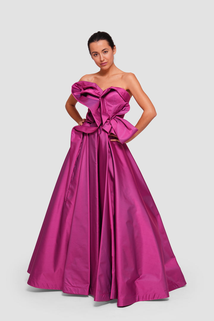 Kylie Dark Raspberry Fuchsia Pink Taffeta Bustier Gown With Bow Detail