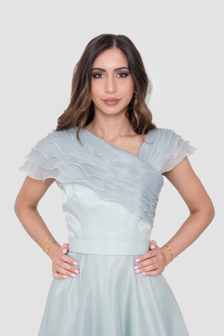 Hulia Soft Mint Organza Ruffled Asymmetric Ruffled Neckline Gown