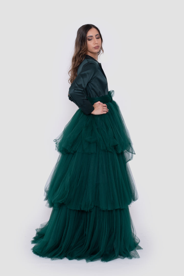 Solyn Forest Green Gown With Blazer-Style Bodice And Layered Tulle Skirt