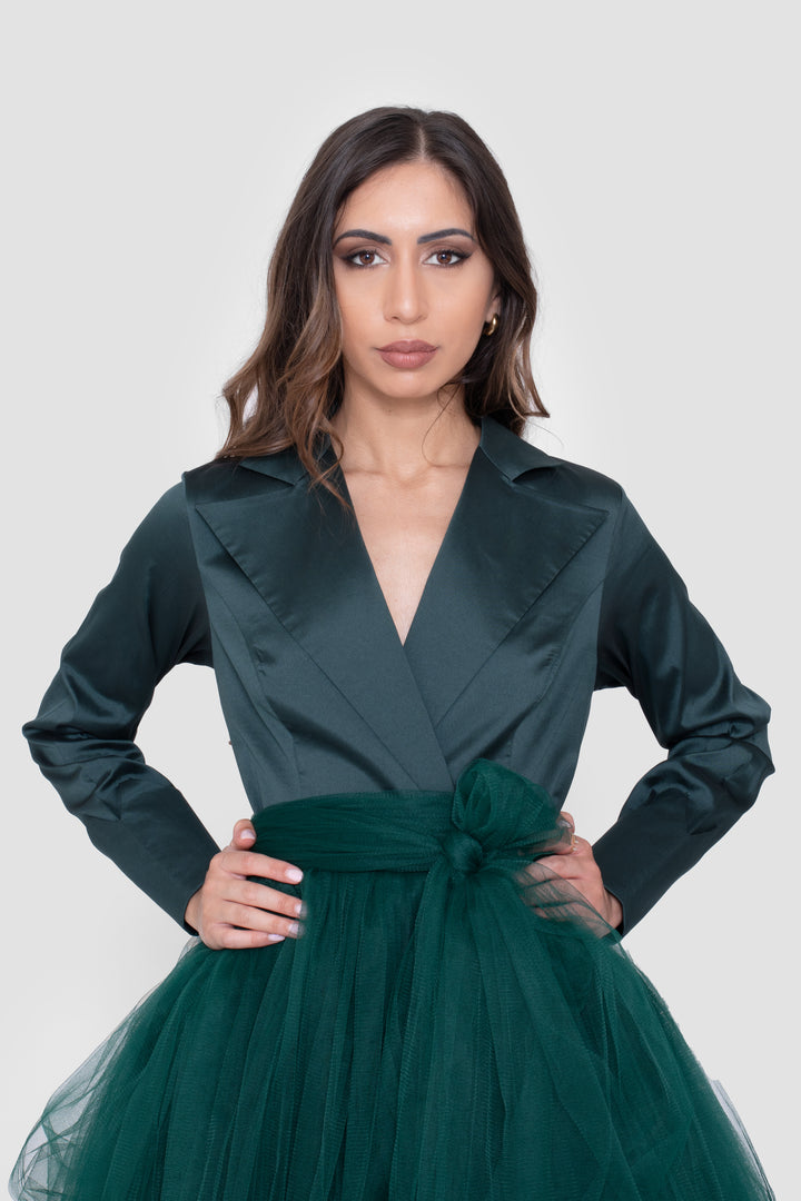 Solyn Forest Green Gown With Blazer-Style Bodice And Layered Tulle Skirt