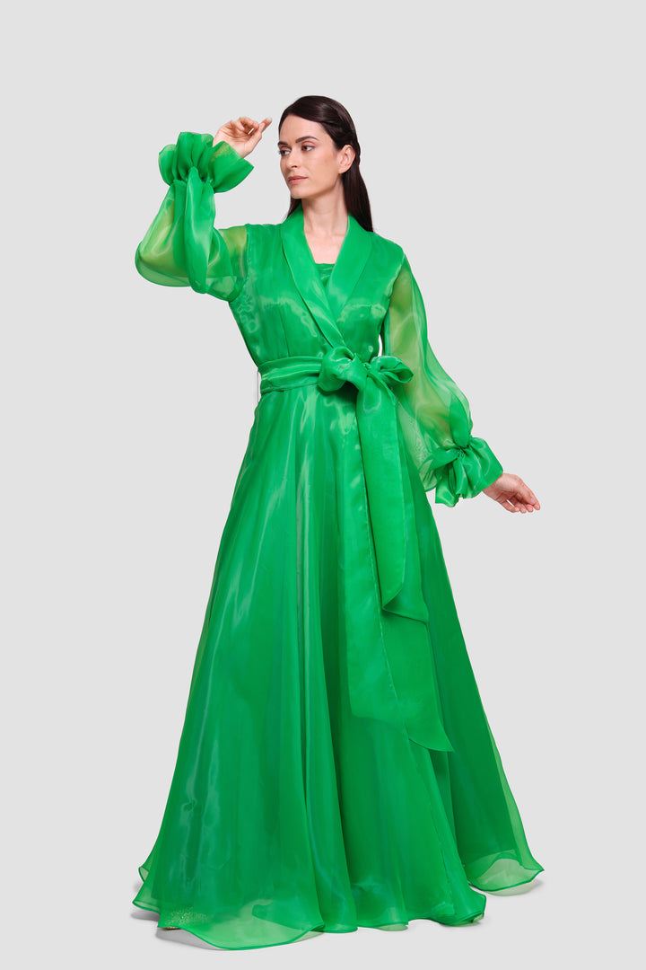 Arabella Emerald Green Silk Organza Wrap-style Maxi Dress With Long Sleeves
