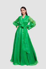 Load image into Gallery viewer, Arabella Emerald Green Silk Organza Wrap-style Maxi Dress With Long Sleeves