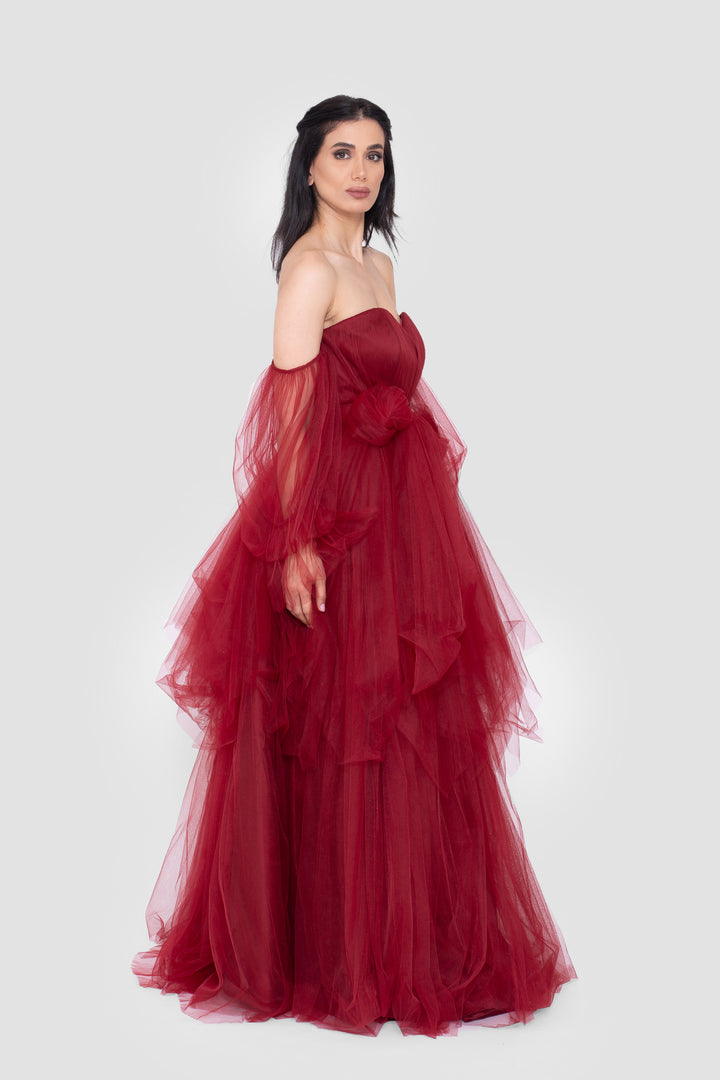 Anisa Deep Red Sweetheart Neckline Corset Tulle Gown