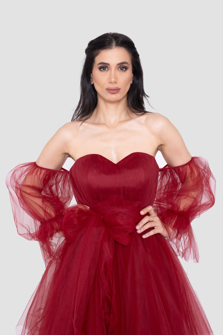 Anisa Deep Red Sweetheart Neckline Corset Tulle Gown