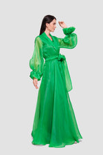 Load image into Gallery viewer, Arabella Emerald Green Silk Organza Wrap-style Maxi Dress With Long Sleeves