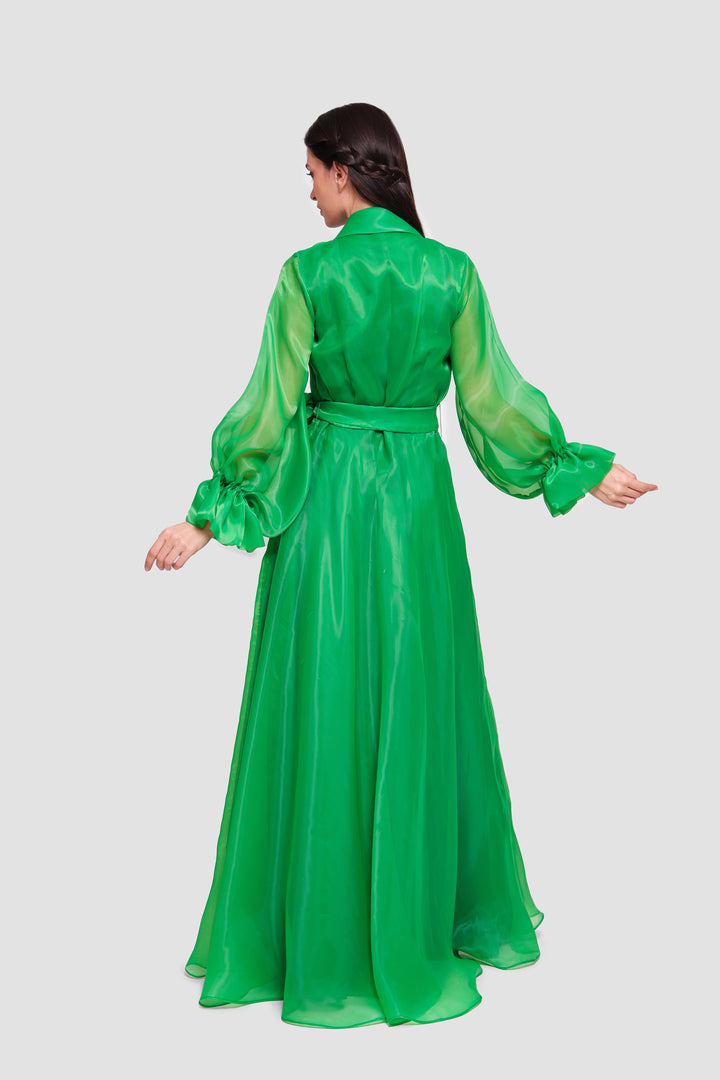 Arabella Emerald Green Silk Organza Wrap-style Maxi Dress With Long Sleeves