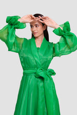 Load image into Gallery viewer, Arabella Emerald Green Silk Organza Wrap-style Maxi Dress With Long Sleeves