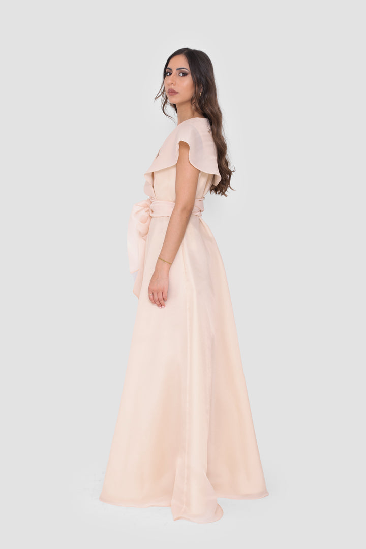 Yasmine Champagne V-neck Maxi Dress With Sculptural Shoulders