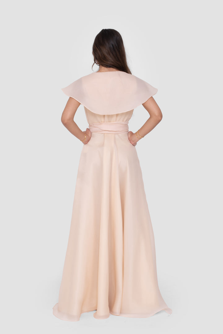 Yasmine Champagne V-neck Maxi Dress With Sculptural Shoulders