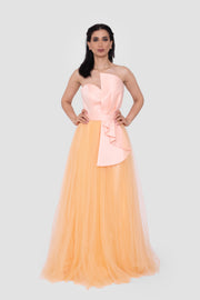 Havilah Strapless Peach Corset Gown With Layered Warm Honey Tulle Skirt