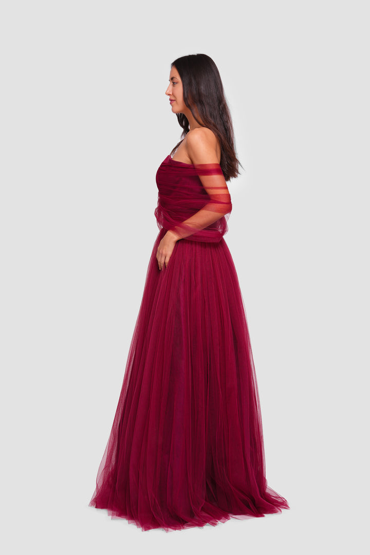 Alice Deep Ruby Red Tulle Corset Maxi Dress