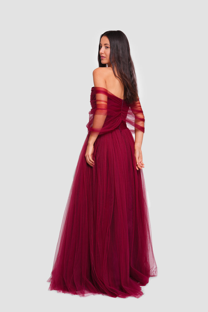 Alice Deep Ruby Red Tulle Corset Maxi Dress