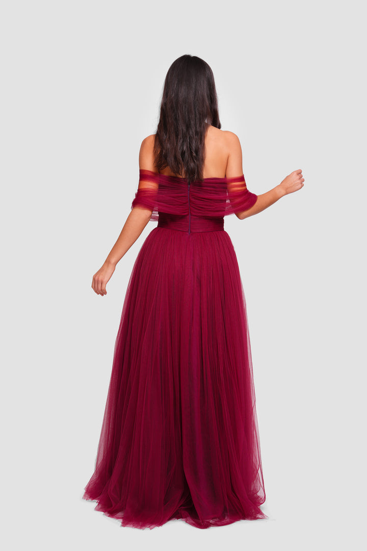 Alice Deep Ruby Red Tulle Corset Maxi Dress