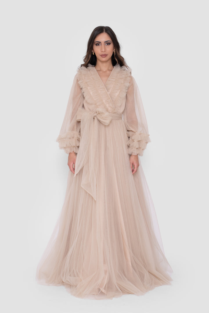 Zulaika Champagne Beige Surplice Neckline Gown With Ruffled Details