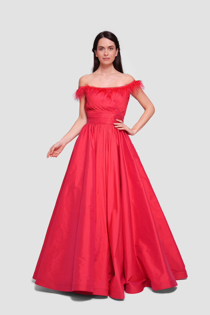 Angy Red Taffeta Off-shoulder Pleated Maxi Dress With Feather Trim
