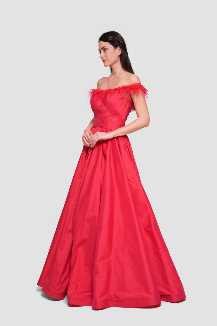 Angy Red Taffeta Off-shoulder Pleated Maxi Dress With Feather Trim