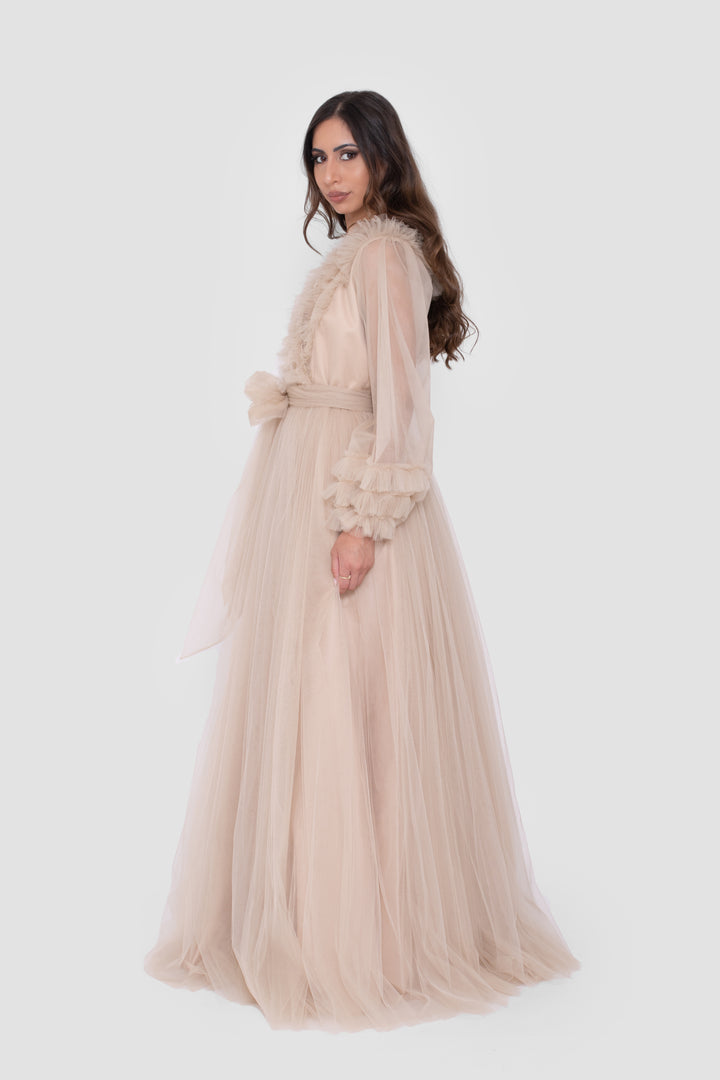 Zulaika Champagne Beige Surplice Neckline Gown With Ruffled Details