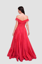 Load image into Gallery viewer, Angy Red Taffeta Off-shoulder Pleated Maxi Dress With Feather Trim