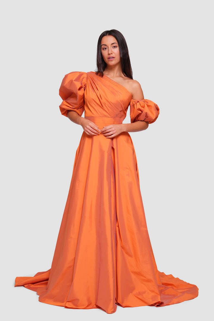Zara Burnt Orange Taffeta Asymmetrical Pleated Bodice With Puff Sleeves Gown