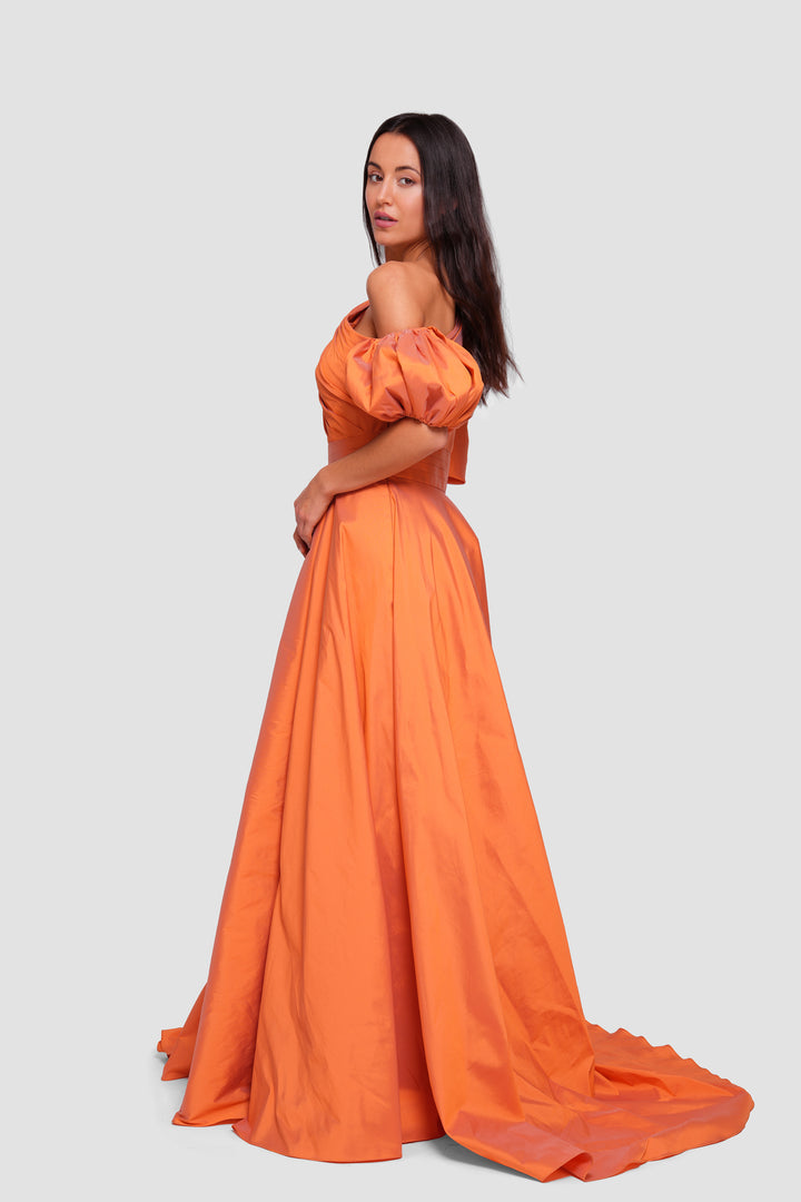 Zara Burnt Orange Taffeta Asymmetrical Pleated Bodice With Puff Sleeves Gown